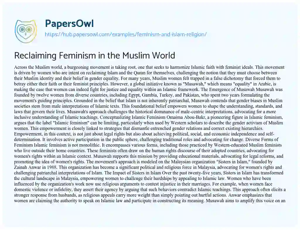 Essay on Reclaiming Feminism in the Muslim World