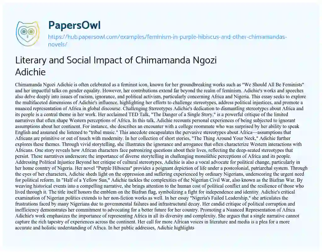 Essay on Literary and Social Impact of Chimamanda Ngozi Adichie