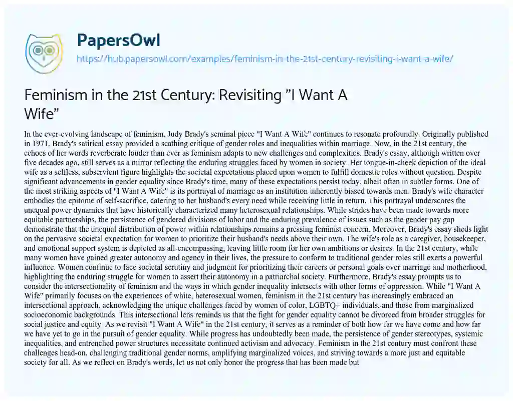 Essay on Feminism in the 21st Century: Revisiting “I Want A Wife”