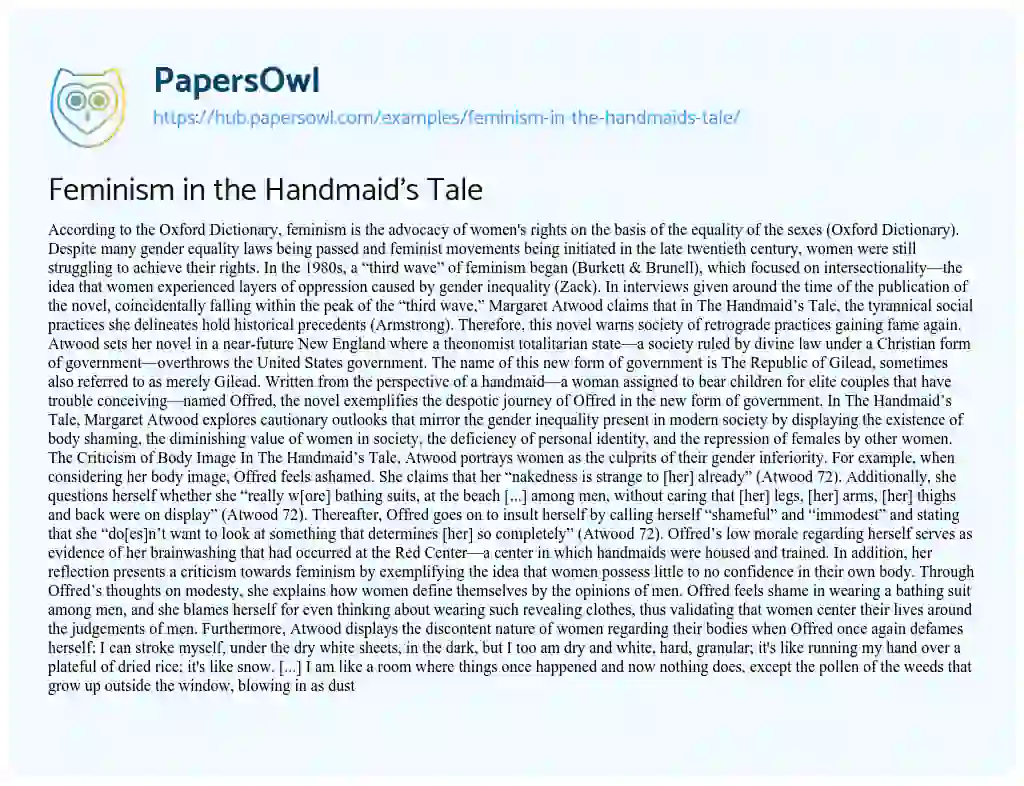 Essay on Feminism in the Handmaid’s Tale