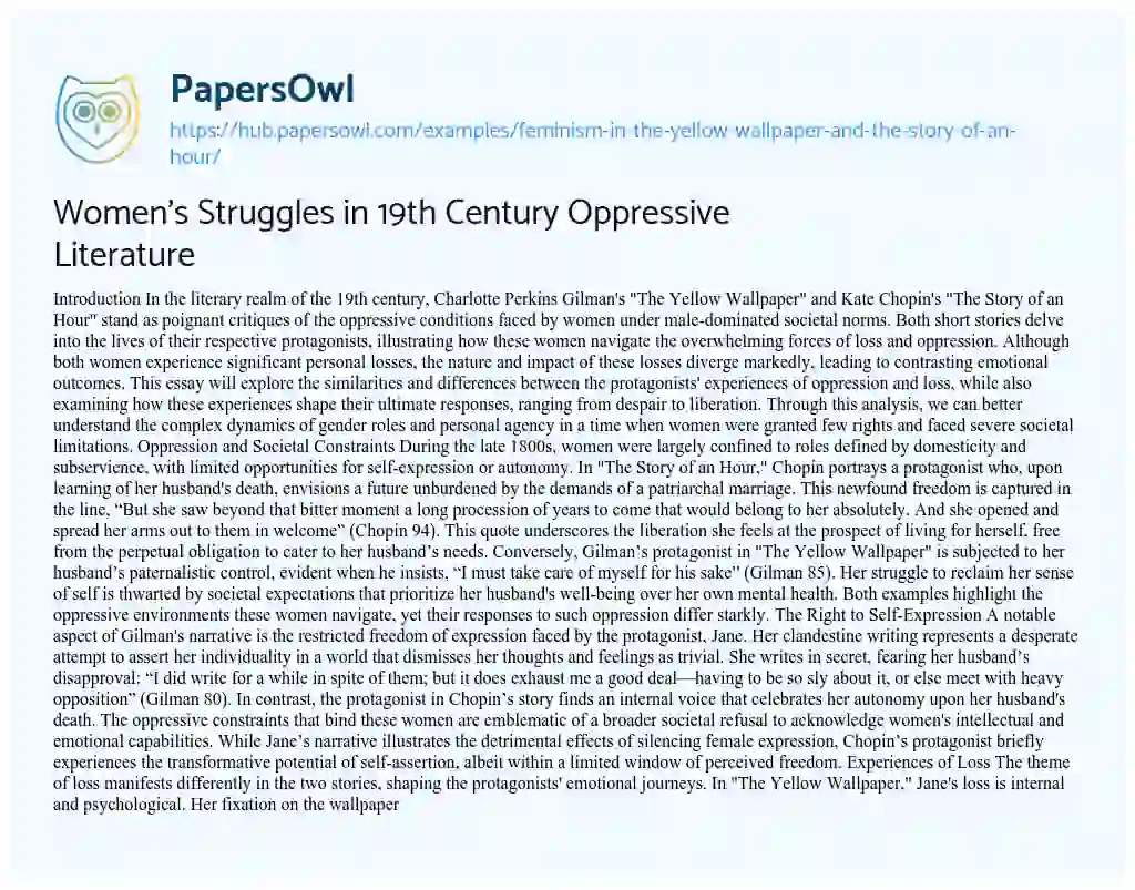 Essay on Women’s Struggles in 19th Century Oppressive Literature