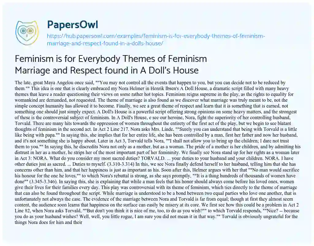 Essay on Feminism is for Everybody Themes of Feminism Marriage and Respect found in A Doll’s House