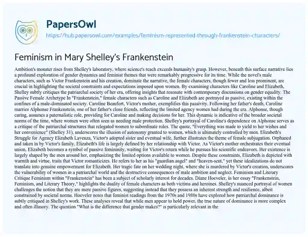 Essay on Feminism in Mary Shelley’s Frankenstein