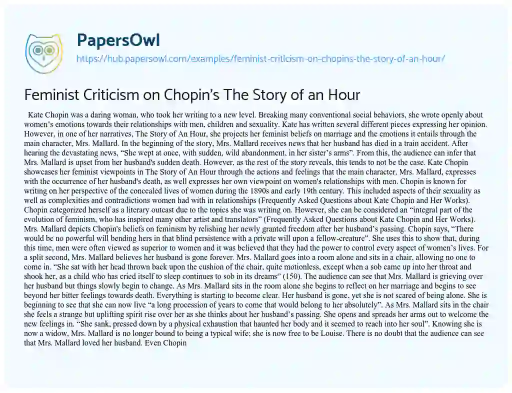 Essay on Feminist Criticism on Chopin’s The Story of an Hour