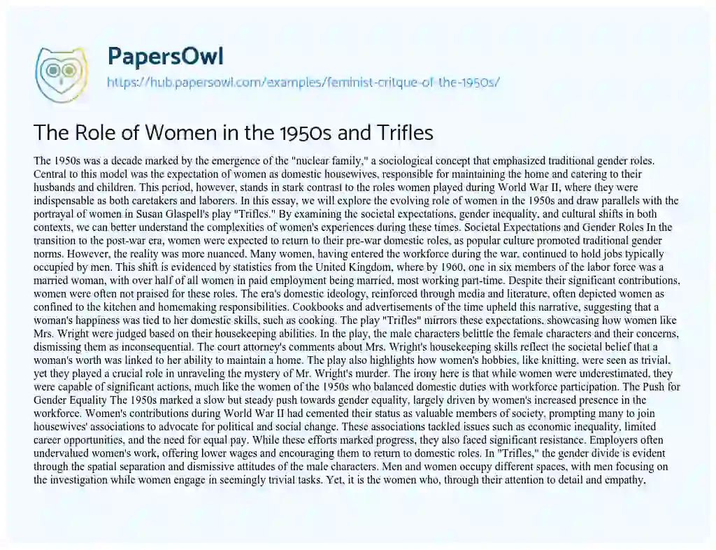 Essay on The Role of Women in the 1950s and Trifles