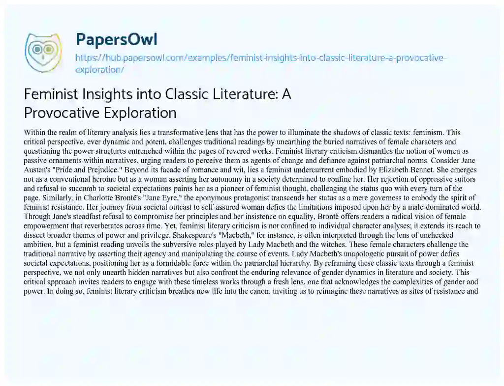 Essay on Feminist Insights into Classic Literature: A Provocative Exploration