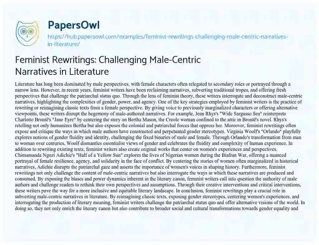 Essay on Feminist Rewritings: Challenging Male-Centric Narratives in Literature