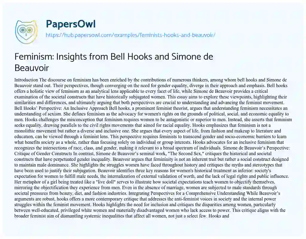 Essay on Feminism: Insights from Bell Hooks and Simone de Beauvoir
