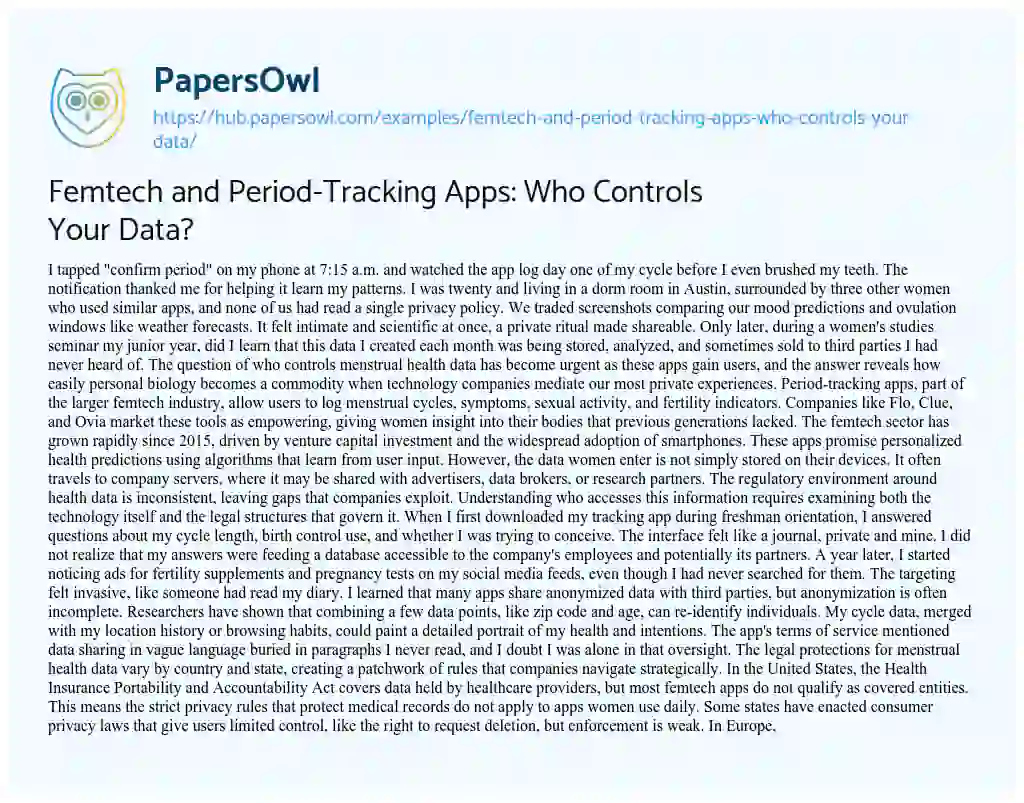 Essay on Femtech and Period-Tracking Apps: Who Controls Your Data?