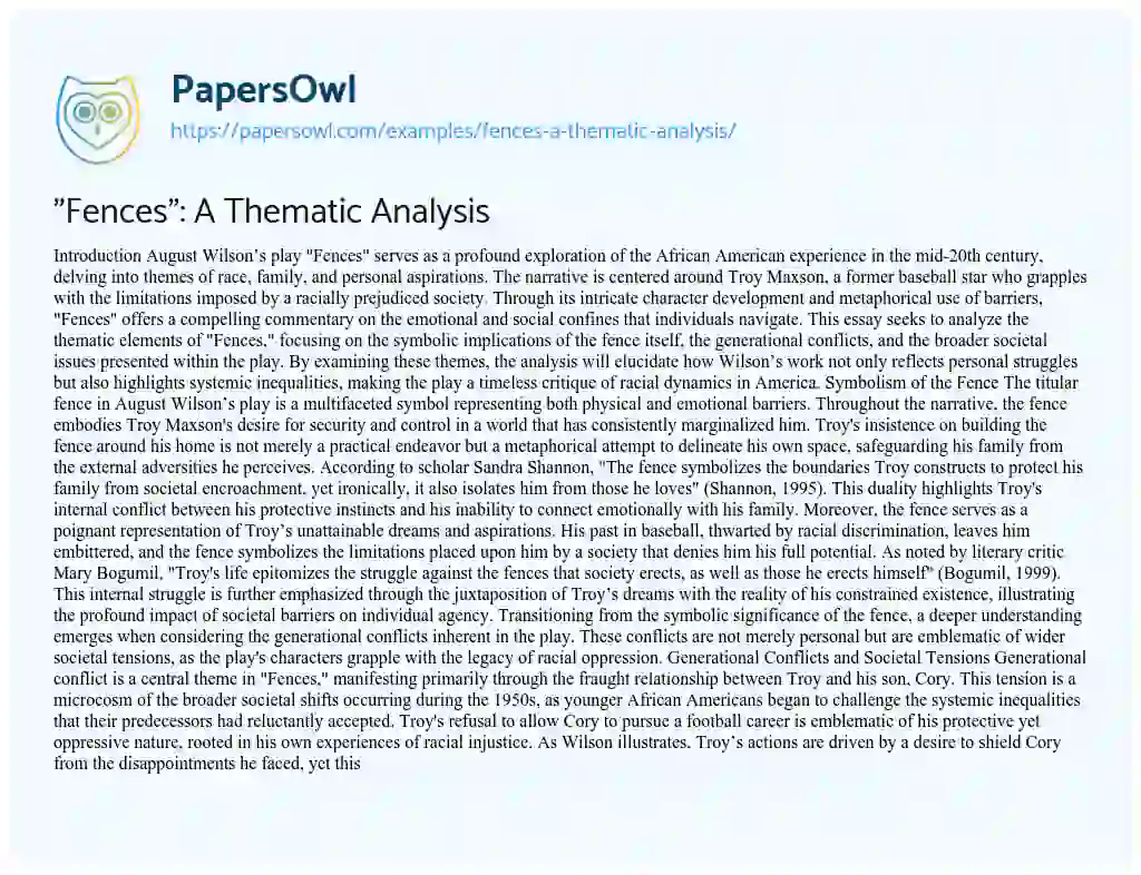 Essay on “Fences”: A Thematic Analysis