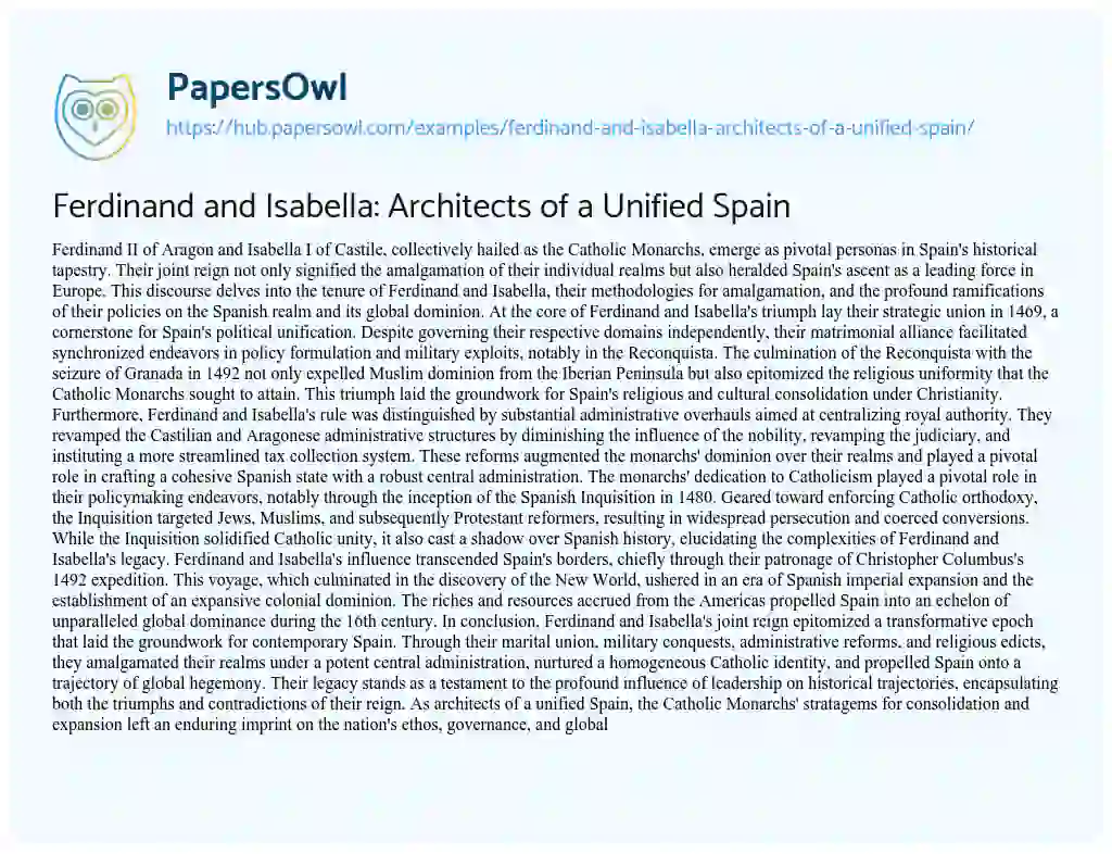 Essay on Ferdinand and Isabella: Architects of a Unified Spain