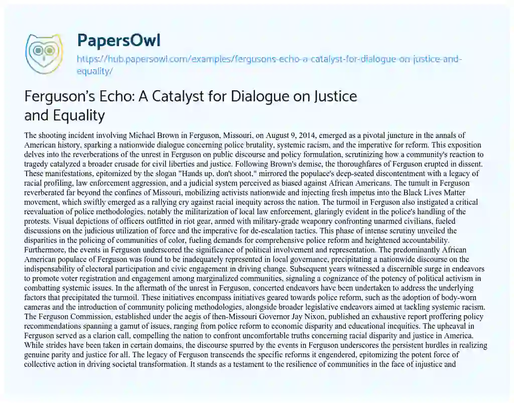 Essay on Ferguson’s Echo: A Catalyst for Dialogue on Justice and Equality