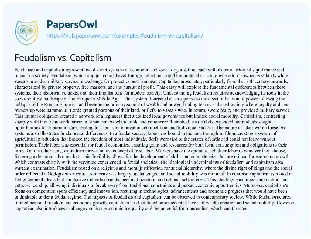 Essay on Feudalism vs. Capitalism