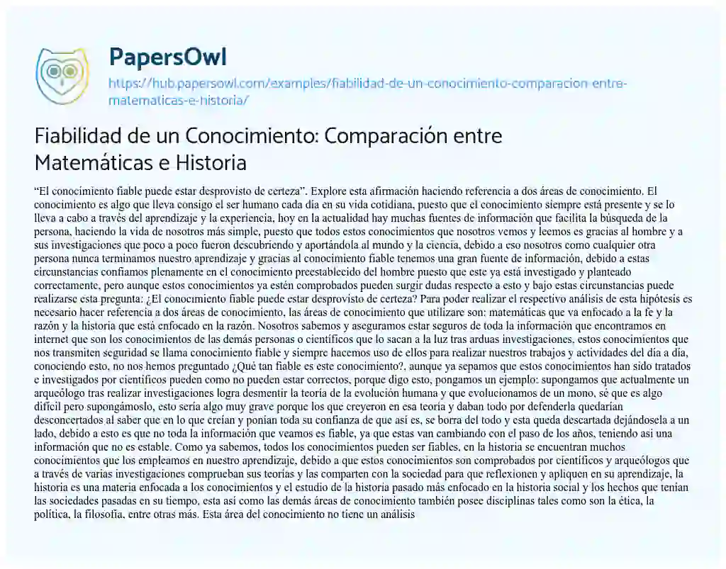 Essay on Fiabilidad de un Conocimiento: Comparación entre Matemáticas e Historia