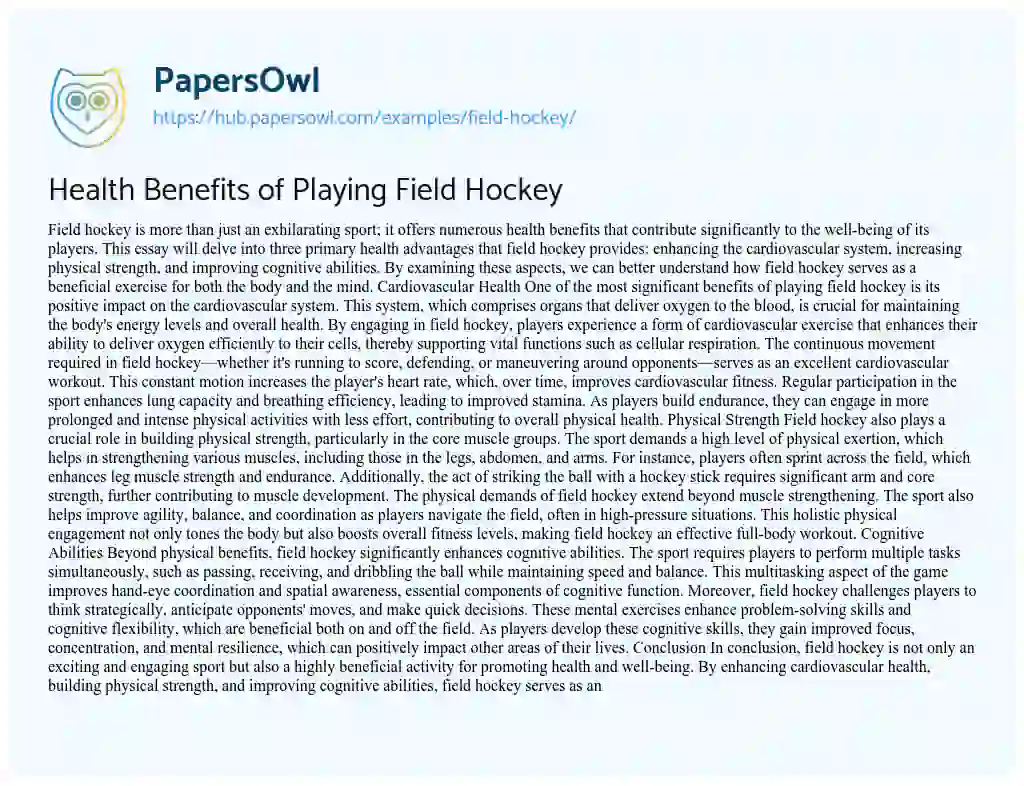 Essay on Health Benefits of Playing Field Hockey