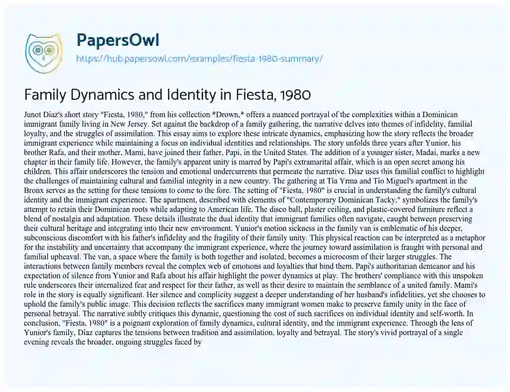 Essay on Family Dynamics and Identity in Fiesta, 1980