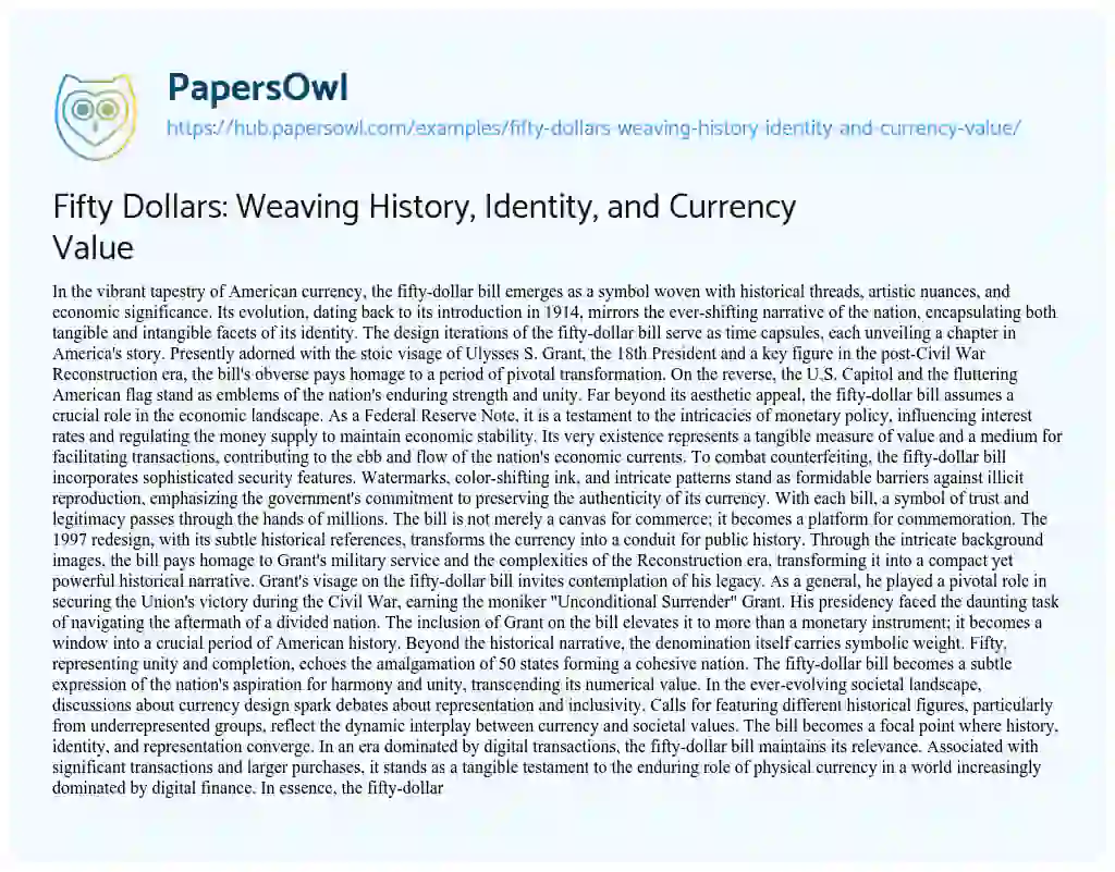 Essay on Fifty Dollars: Weaving History, Identity, and Currency Value