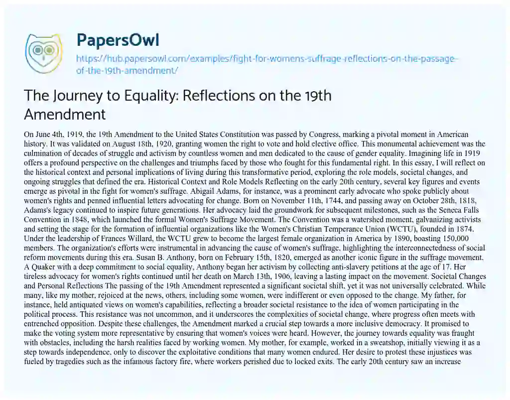 Essay on The Journey to Equality: Reflections on the 19th Amendment