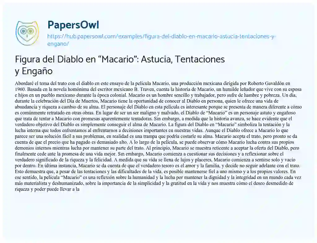 Essay on Figura del Diablo en “Macario”: Astucia, Tentaciones y Engaño