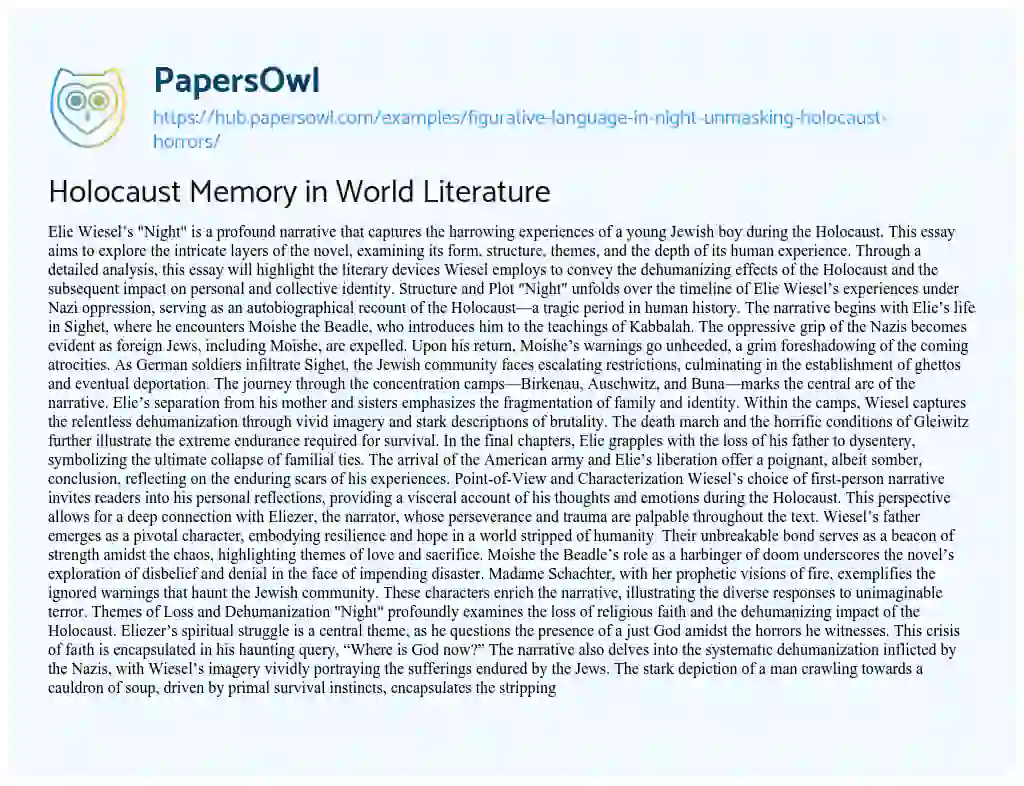 Essay on Holocaust Memory in World Literature