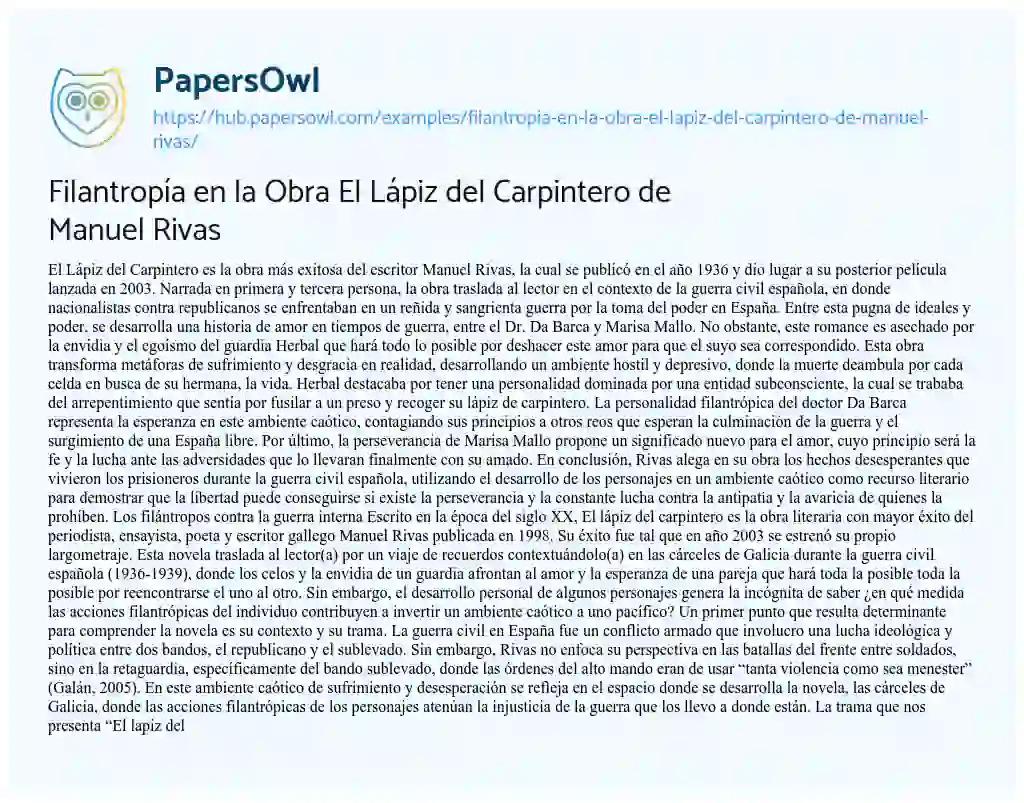 Essay on Filantropía en la Obra El Lápiz del Carpintero de Manuel Rivas