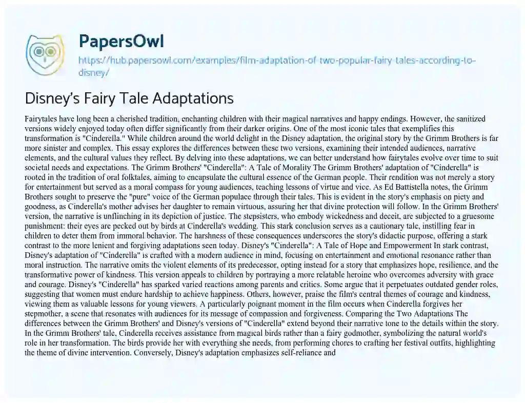 Essay on Disney’s Fairy Tale Adaptations