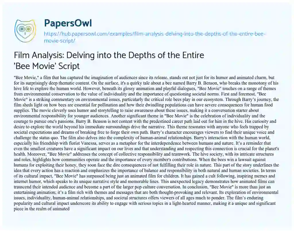 Essay on Film Analysis: Delving into the Depths of the Entire ‘Bee Movie’ Script
