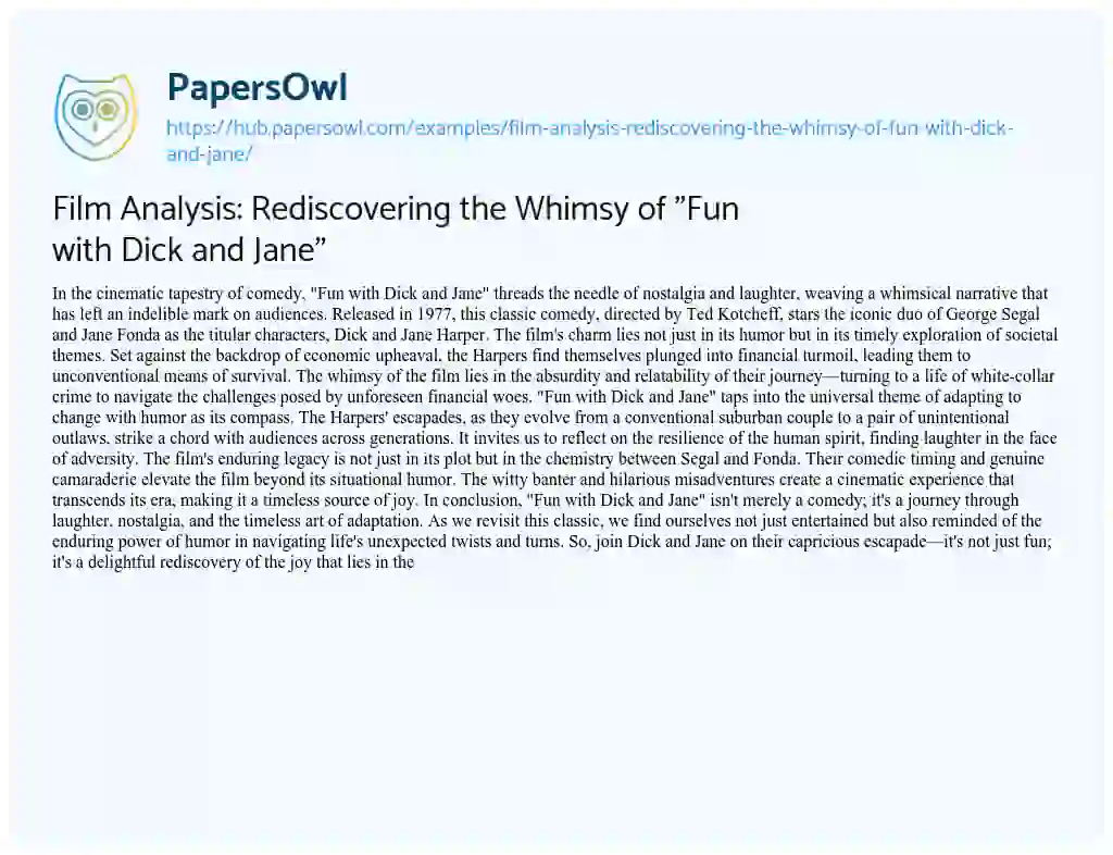 Essay on Film Analysis: Rediscovering the Whimsy of “Fun with Dick and Jane”