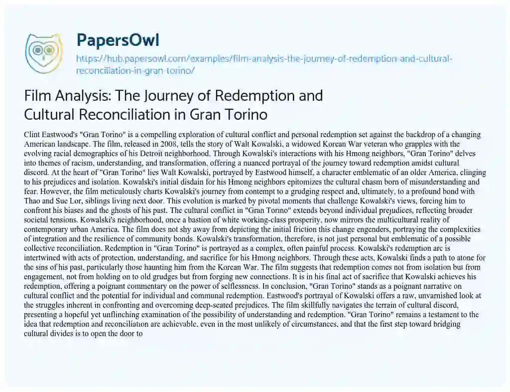 Essay on Film Analysis: The Journey of Redemption and Cultural Reconciliation in Gran Torino