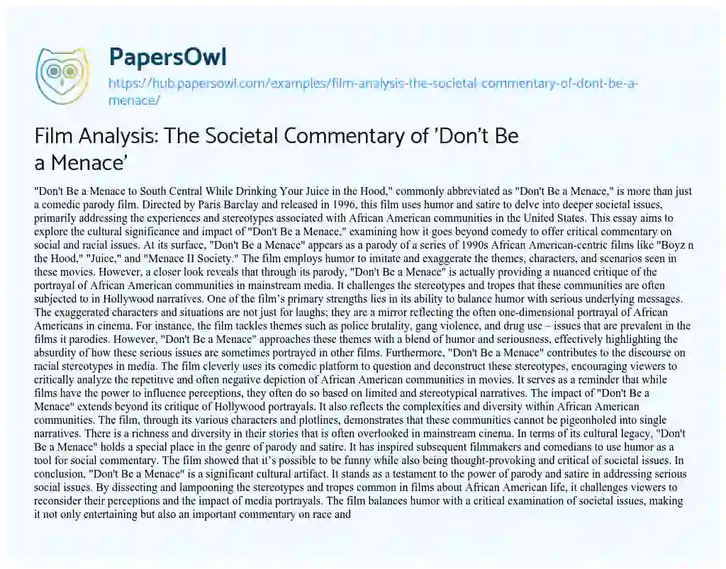 Essay on Film Analysis: The Societal Commentary of ‘Don’t Be a Menace’