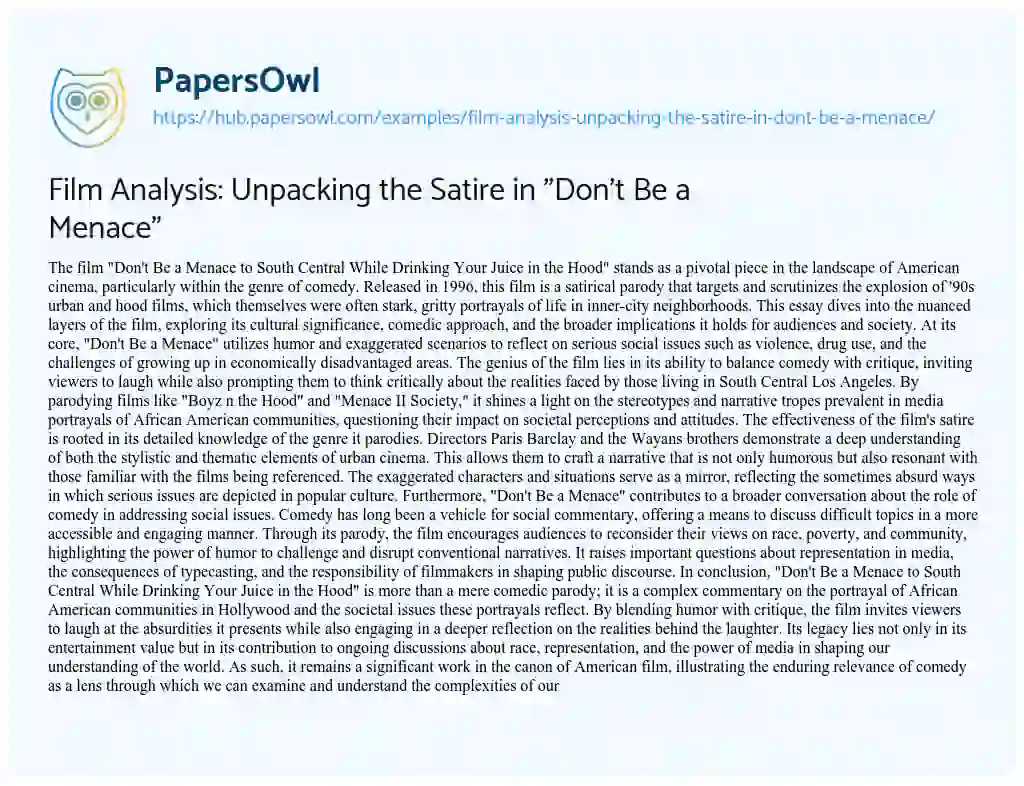Essay on Film Analysis: Unpacking the Satire in “Don’t Be a Menace”