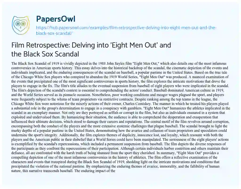Essay on Film Retrospective: Delving into ‘Eight Men Out’ and the Black Sox Scandal