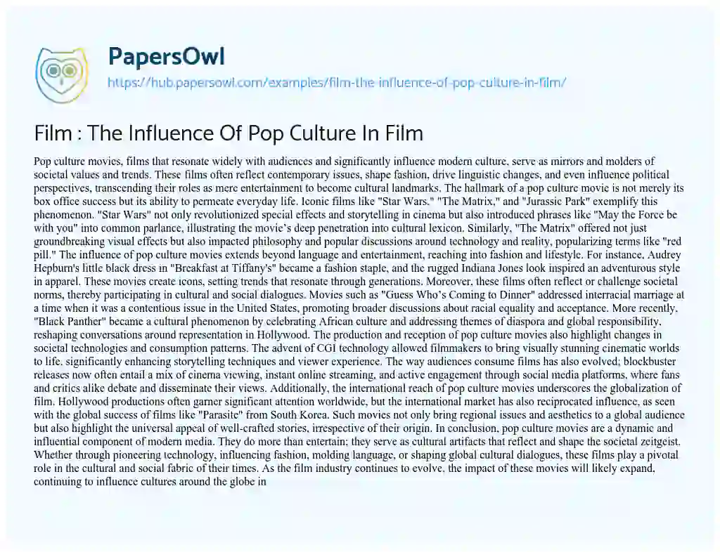 Essay on Film : The Influence Of Pop Culture In Film