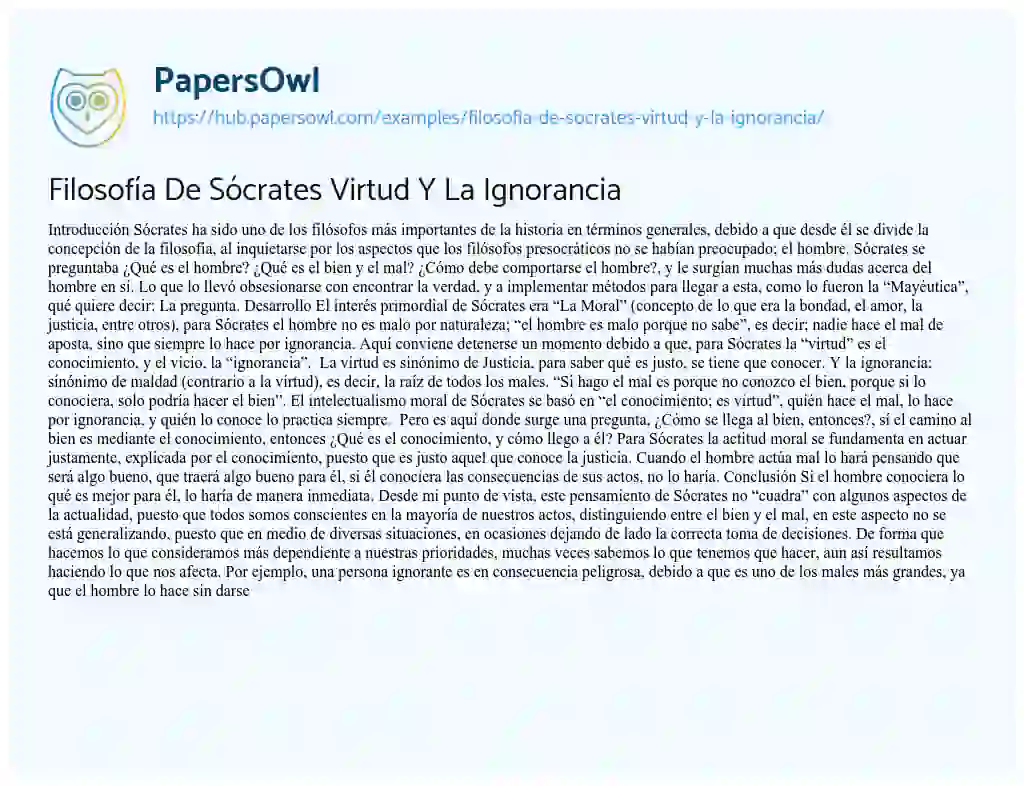 Essay on Filosofía De Sócrates Virtud Y La Ignorancia