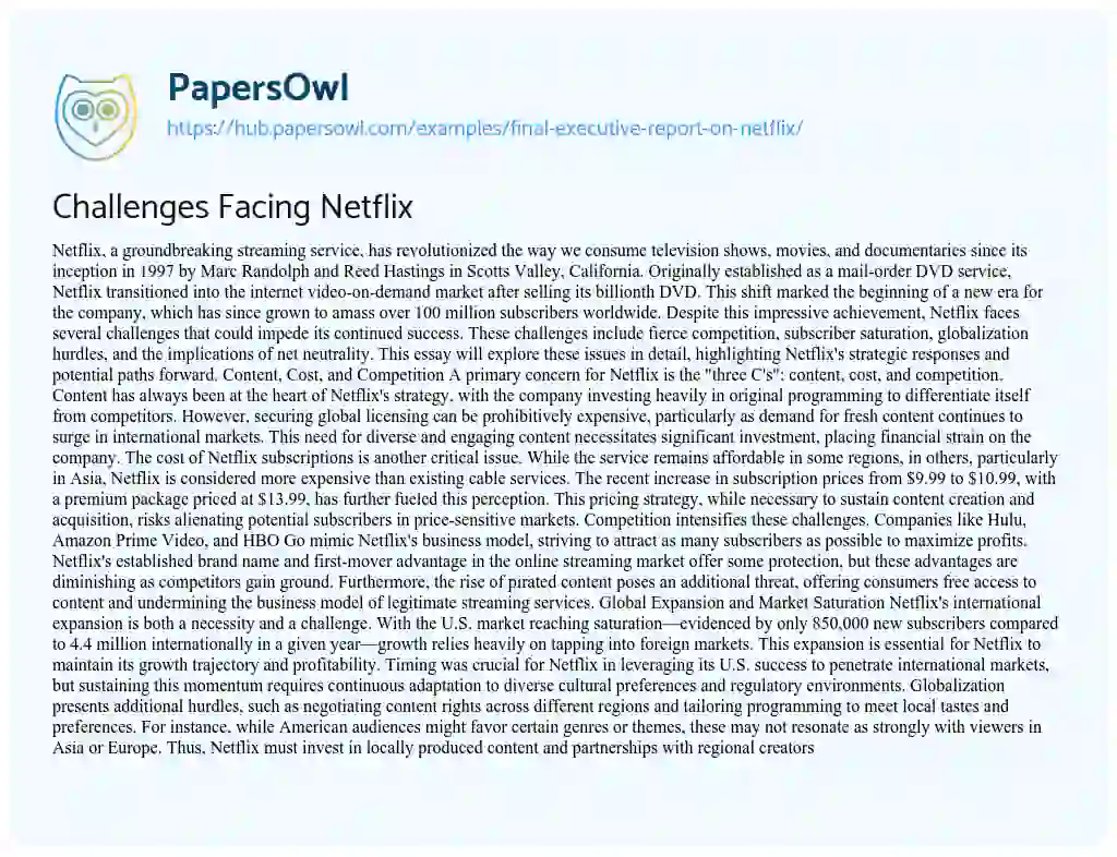 Essay on Challenges Facing Netflix