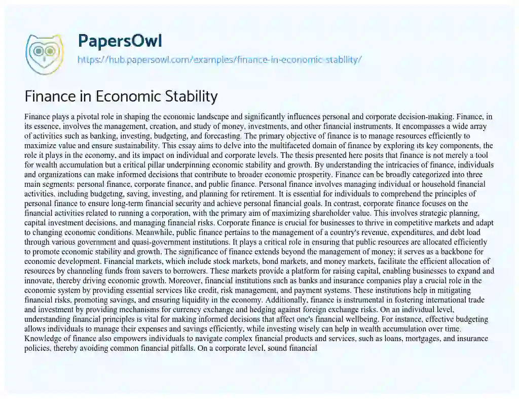 Essay on Finance in Economic Stability