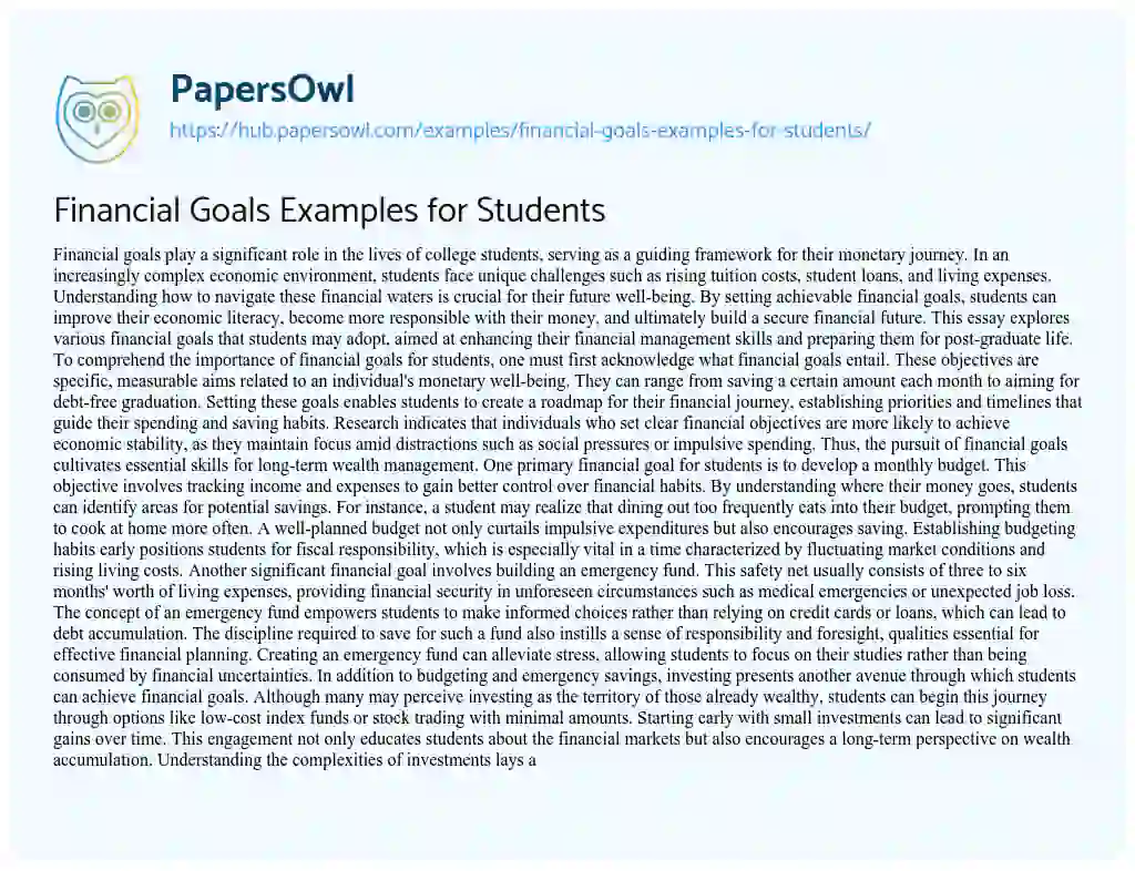 Essay on Financial Goals Examples for Students