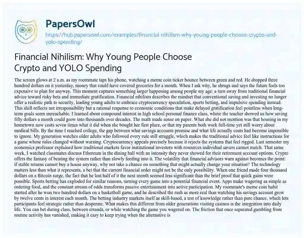 Essay on Financial Nihilism: Why Young People Choose Crypto and YOLO Spending