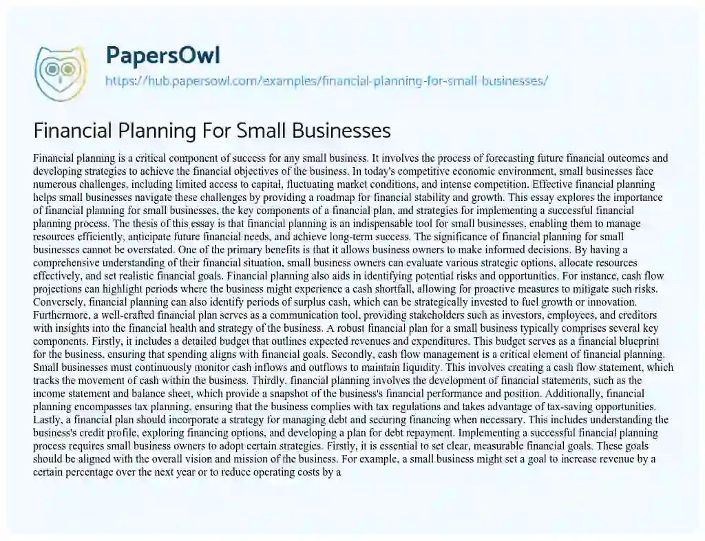 Essay on Financial Planning For Small Businesses