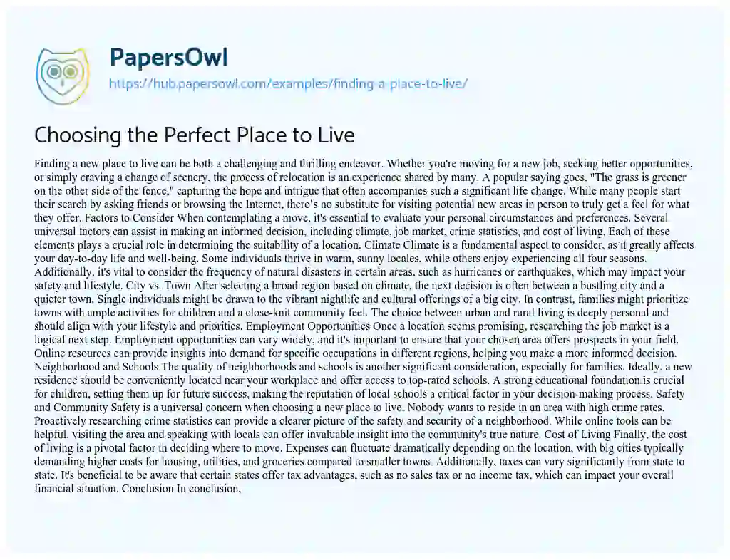 Essay on Choosing the Perfect Place to Live