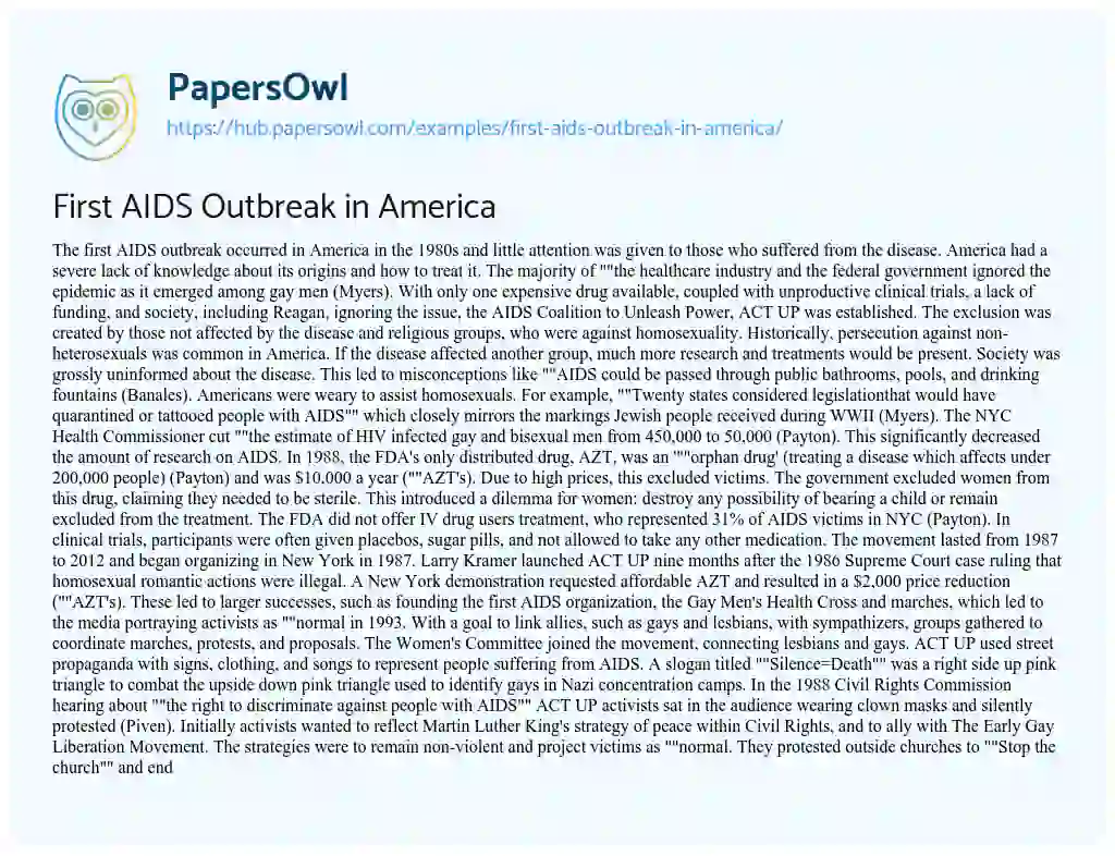 Essay on First AIDS Outbreak in America