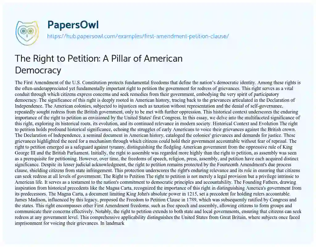 Essay on The Right to Petition: A Pillar of American Democracy