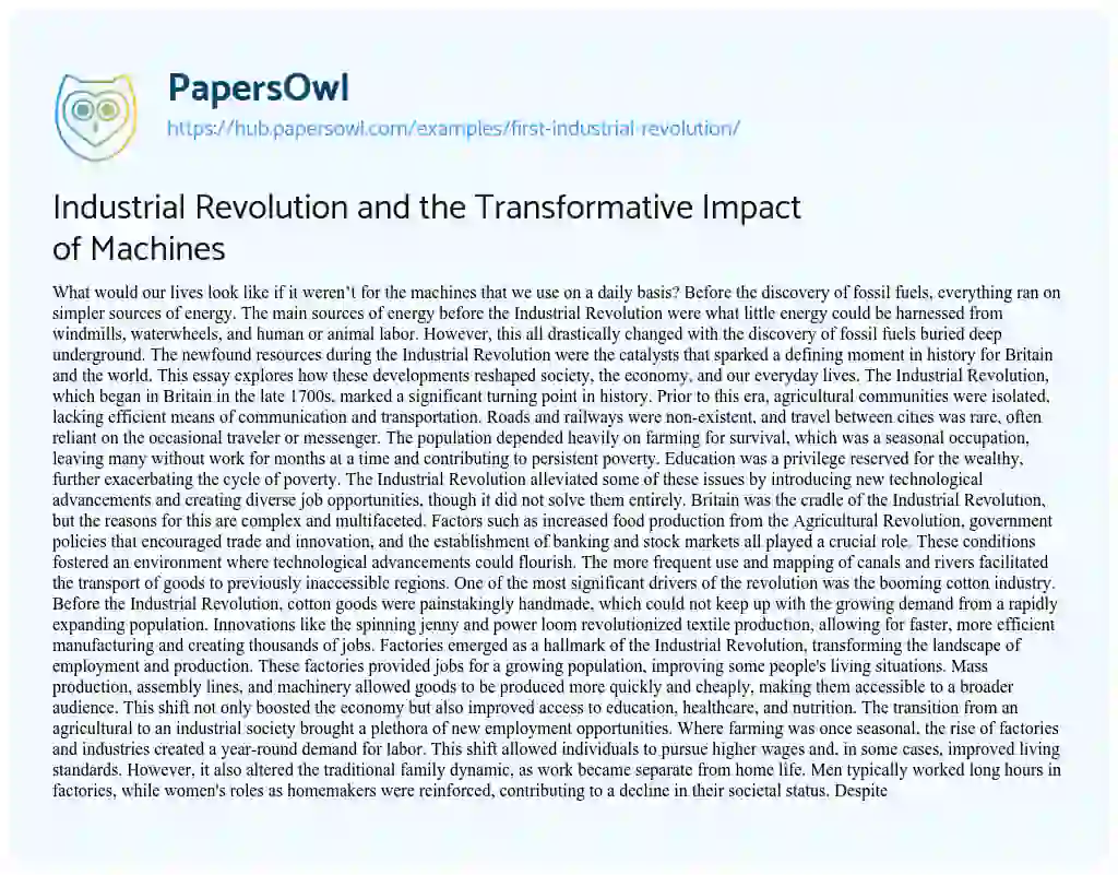 Essay on Industrial Revolution and the Transformative Impact of Machines