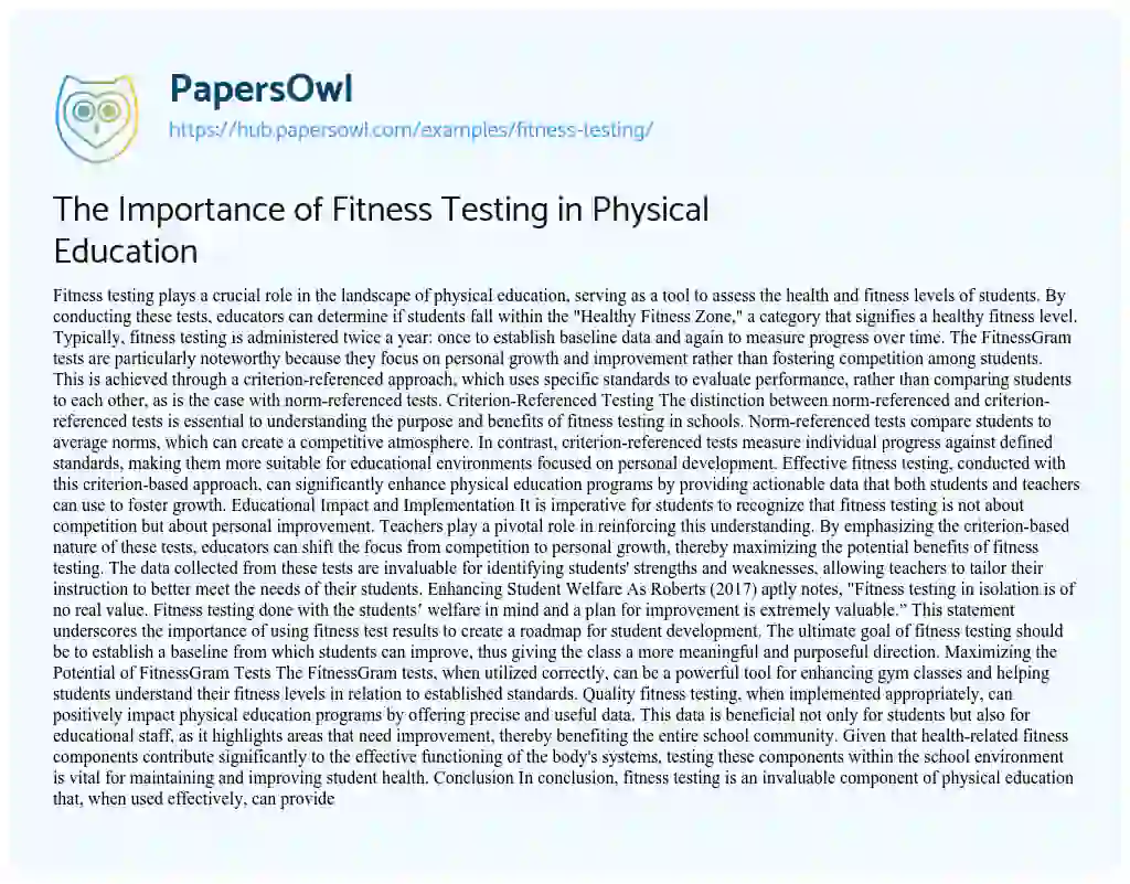 Essay on The Importance of Fitness Testing in Physical Education