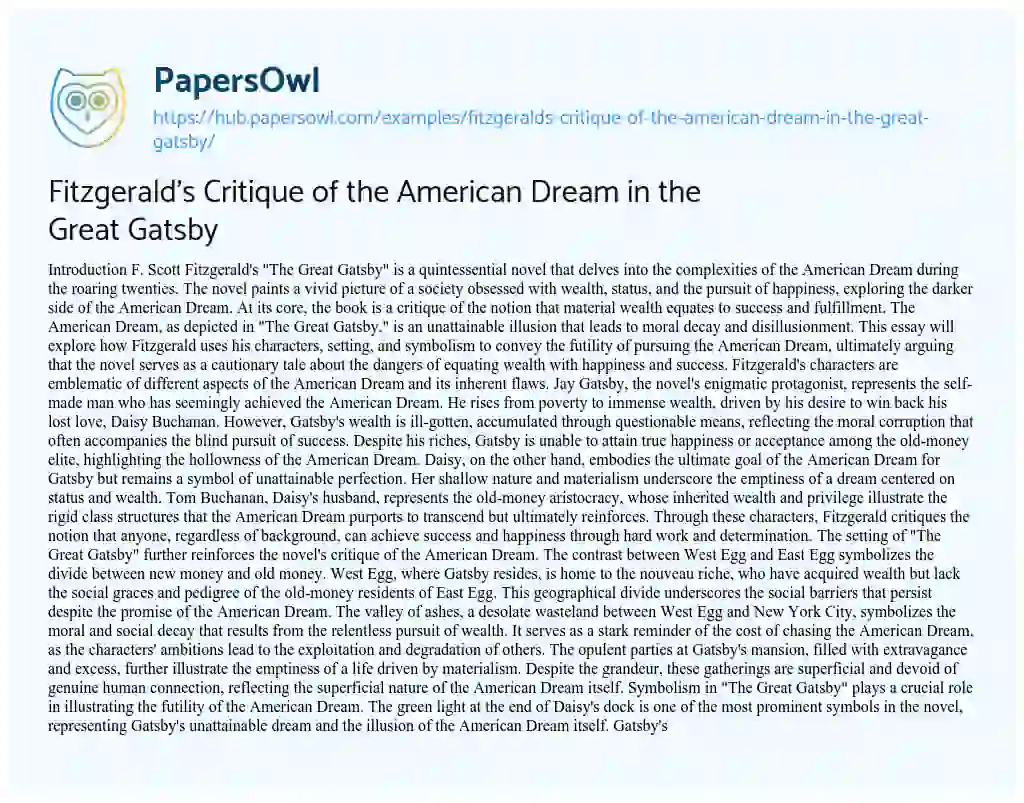 Essay on Fitzgerald’s Critique of the American Dream in the Great Gatsby