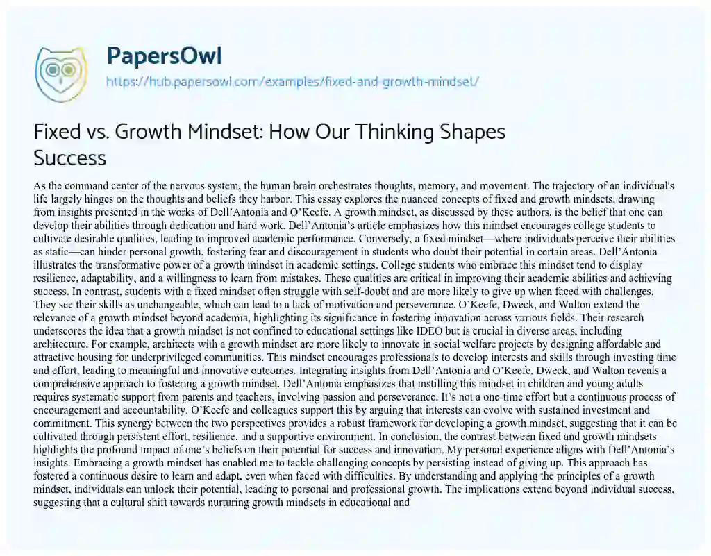 Essay on Fixed vs. Growth Mindset: How Our Thinking Shapes Success