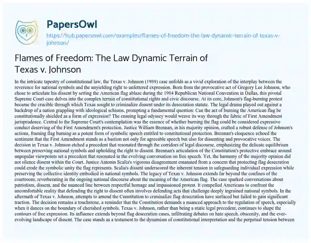 Essay on Flames of Freedom: The Law Dynamic Terrain of Texas v. Johnson