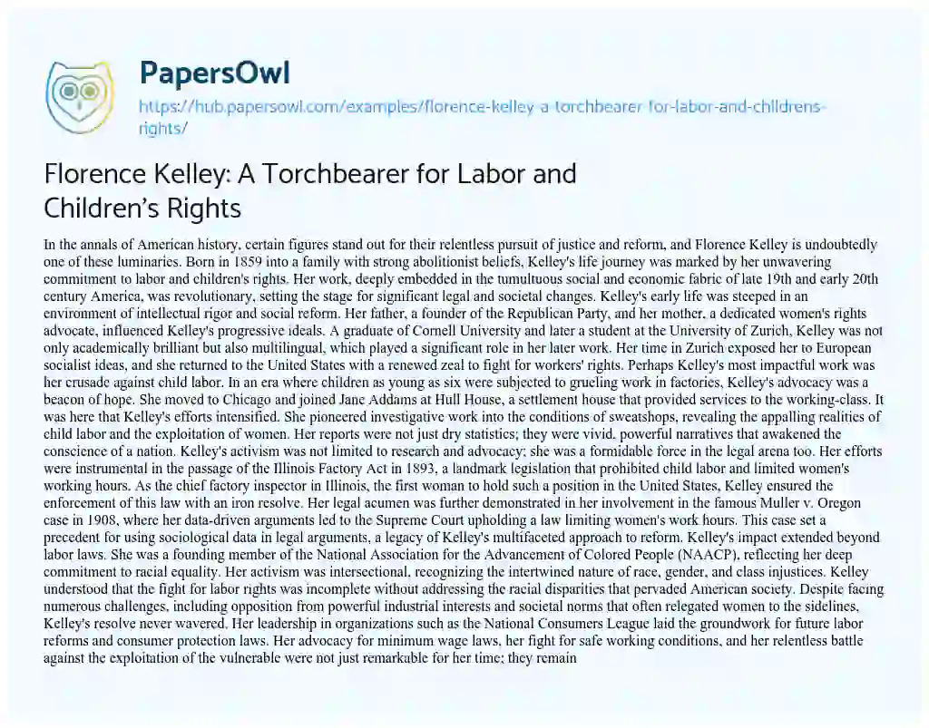 Essay on Florence Kelley: A Torchbearer for Labor and Children’s Rights
