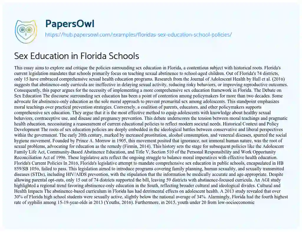 Essay on Sex Education in Florida Schools