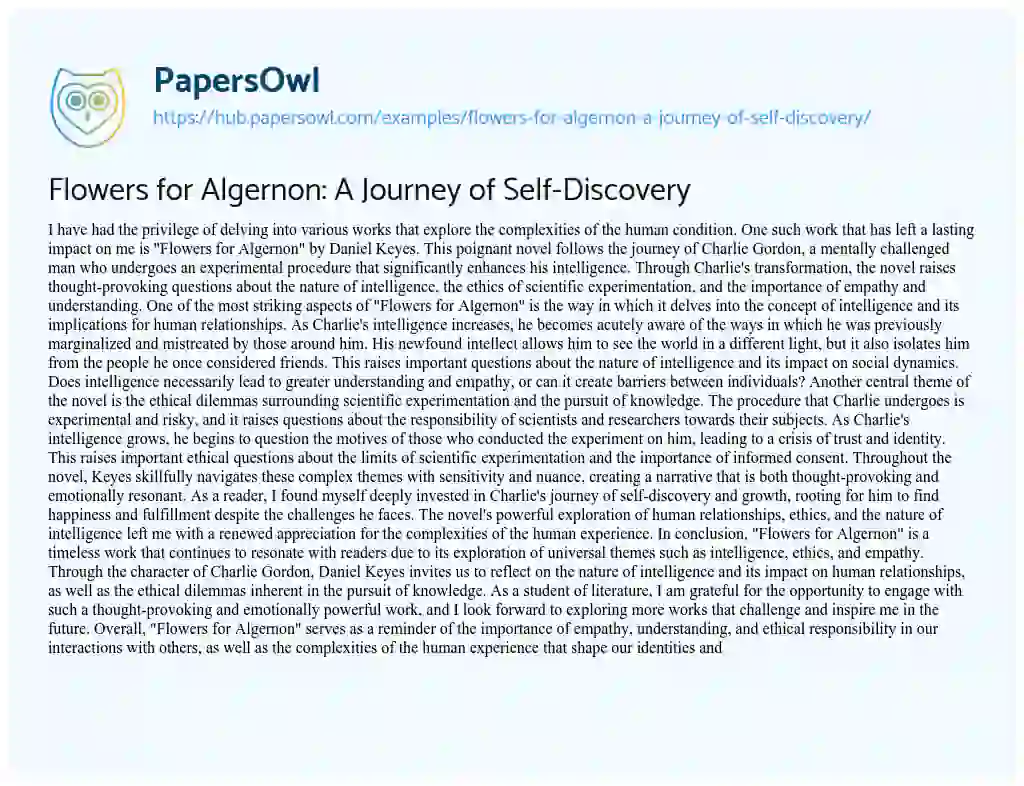 Essay on Flowers for Algernon: A Journey of Self-Discovery